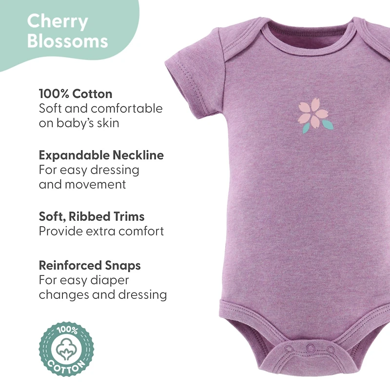 The Peanutshell Baby Girls Short Sleeve Cotton Bodysuits Girls, Cherry Blossom