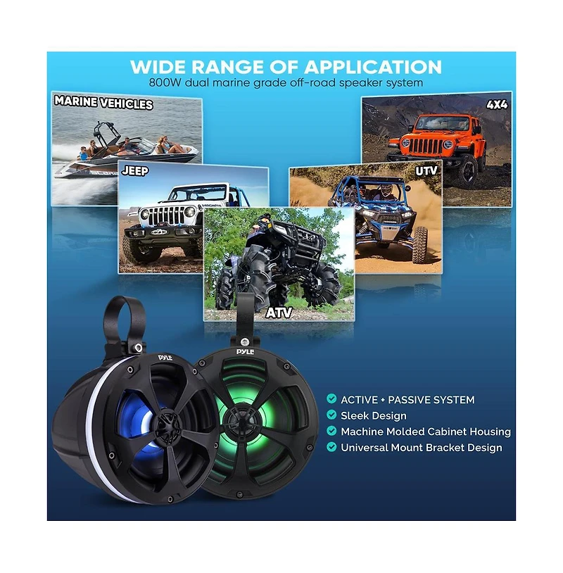 Pyle 5.25 Waterproof Bluetooth Off-Road Speaker System with Rgb Lights, 1000W