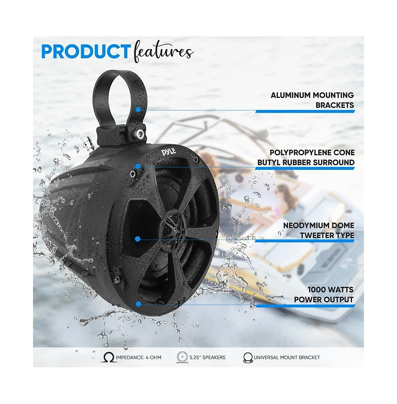Pyle 5.25 Waterproof Bluetooth Off-Road Speaker System, Amplified, 1000W