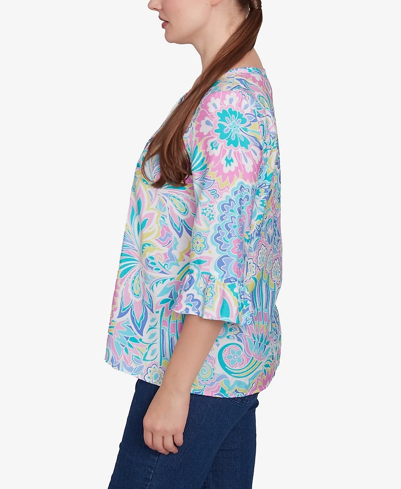 Ruby Rd. Petite Utopian Floral Silky Button Front Top