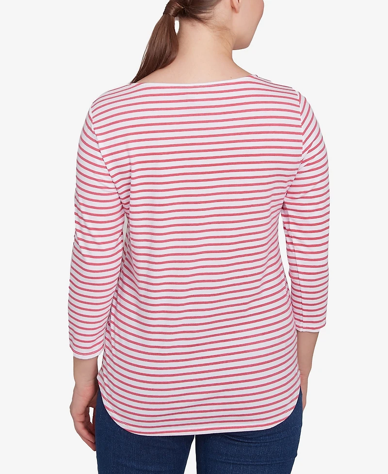 Ruby Rd. Petite Bicycle Bloom Striped Three Quarter Sleeve T-Shirt