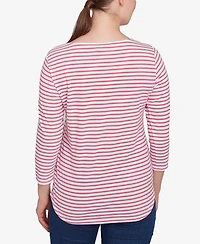 Ruby Rd. Petite Bicycle Bloom Striped Three Quarter Sleeve T-Shirt