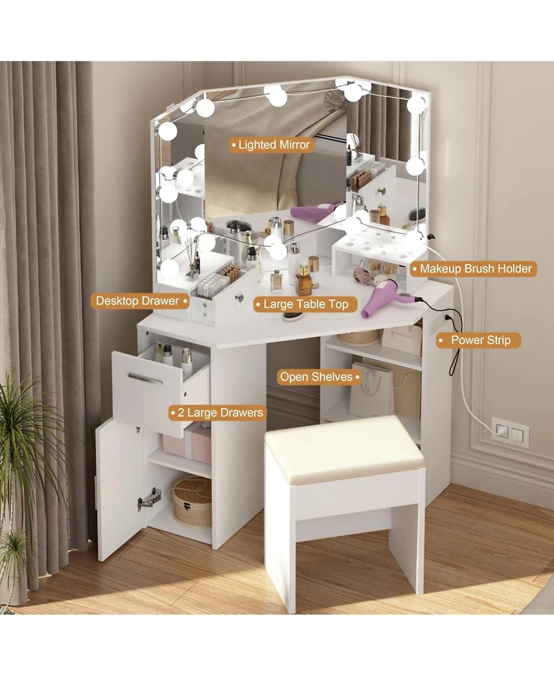 gaomon White Corner Vanity Set, Small Makeup Table with Upholstered Stool