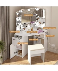 gaomon White Corner Vanity Set, Small Makeup Table with Upholstered Stool