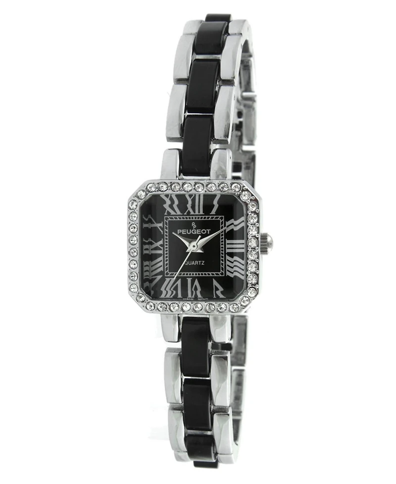 Peugeot Womens Crystal Accented Square Silver-Tone Acrylic Link Watch