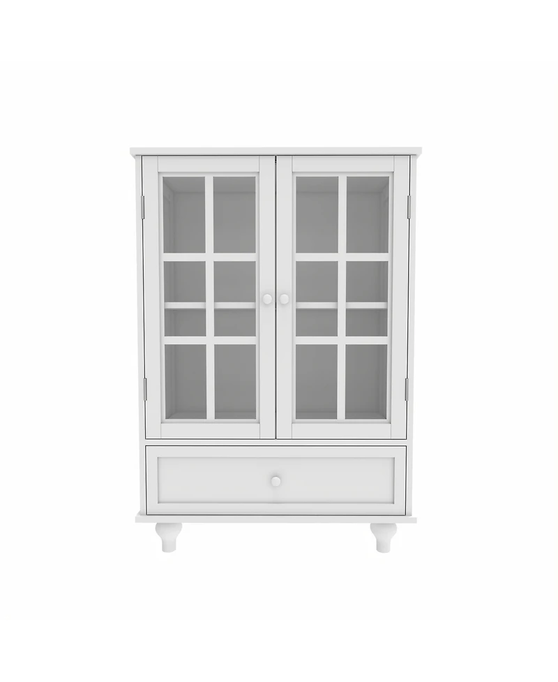 Minimalist White Buffet Cabinet with Double Glass Doors and Drawer, Modern Wooden Storage Sideboard Cupboard for Living room, Dining Room Hallway Entr