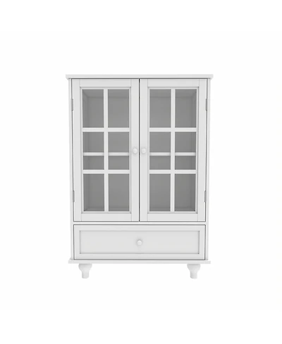 Minimalist White Buffet Cabinet with Double Glass Doors and Drawer, Modern Wooden Storage Sideboard Cupboard for Living room, Dining Room Hallway Entr