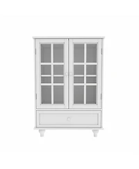 Minimalist White Buffet Cabinet with Double Glass Doors and Drawer, Modern Wooden Storage Sideboard Cupboard for Living room, Dining Room Hallway Entr