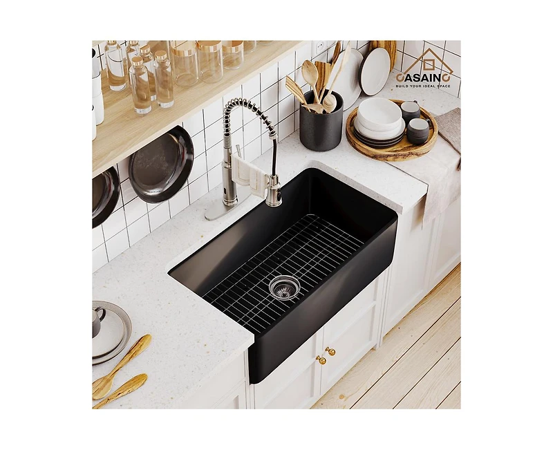 Casainc Single Bowl Fireclay Farmhouse Kitchen Sink with Accessories