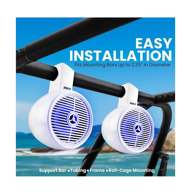 Pyle 6.5'' Marine Bluetooth Wakeboard Speaker System with Led Lights, 200W, White