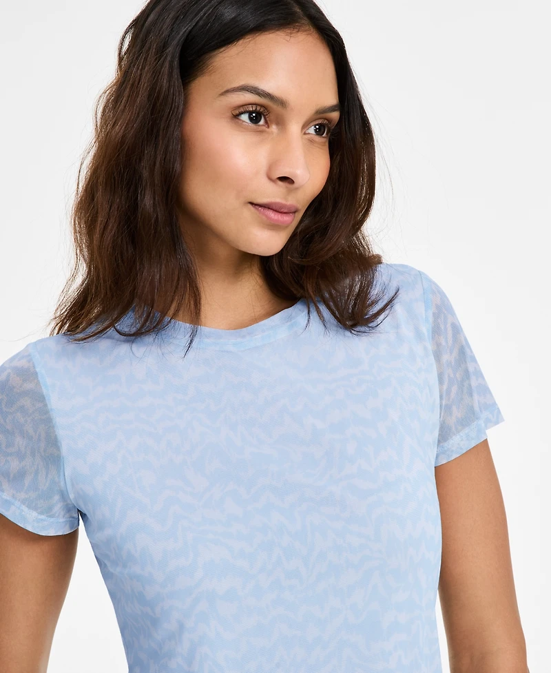 Bar Iii Women's Printed Mesh Crewneck Top, Exclusively at Macy's
