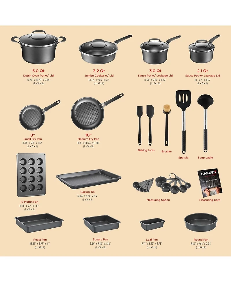 Bakken- Swiss Cookware Set – 23 Piece – Multi-Sized Cooking Pots with Lids, Skillet Fry Pans and Bakeware – Reinforced Pressed Al