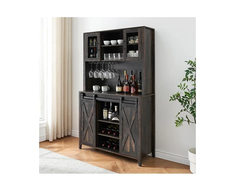 gaomon 70" Tall Farmhouse Coffee Bar Cabinet, Sliding Barn Doors Wine Bar Cabinet with Storage Shelves