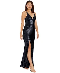 Dress the Population Women's Iris Sequined Side-Slit Gown