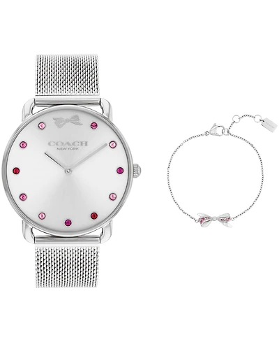 Coach Women's Elliot Silver Tone Stainless Steel Mesh Bracelet Watch, 36mm Gift Set