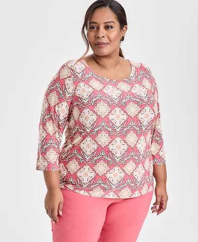 Jm Collection Plus Size Jacquard Printed 3/4-Sleeve Top, Exclusively at Macy's