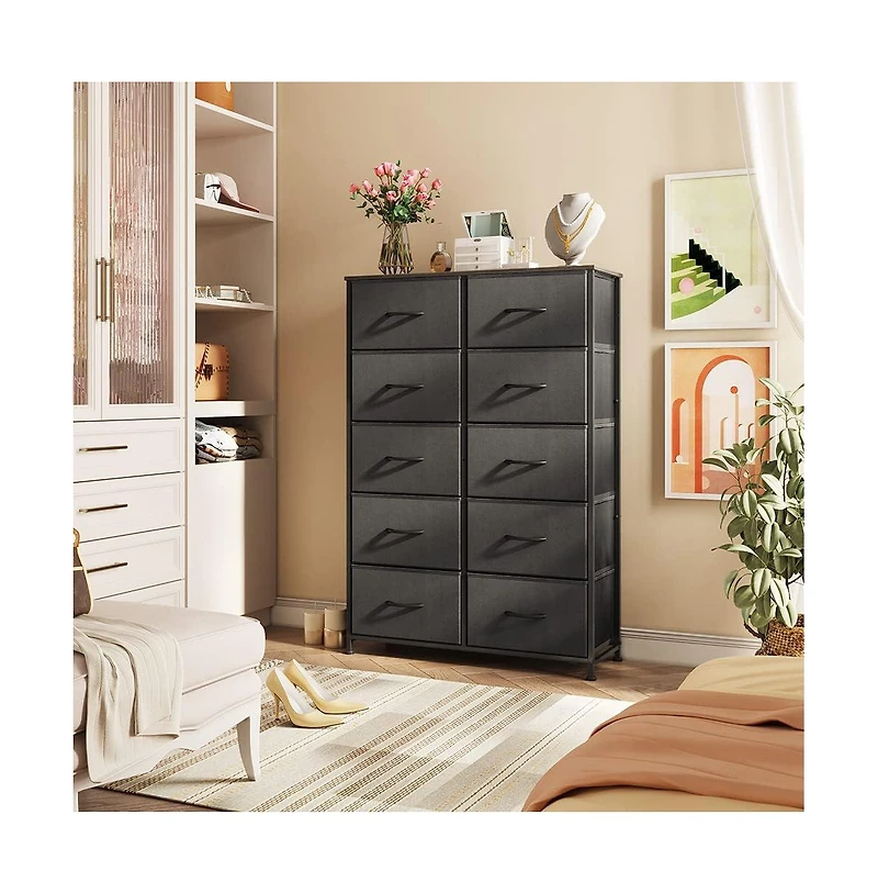 Wlive 10-Drawer Dresser Fabric Storage Tower for Bedroom Hallway Closets Tall Chest Organizer Unit with Textured Print Bins Steel Frame Wood To
