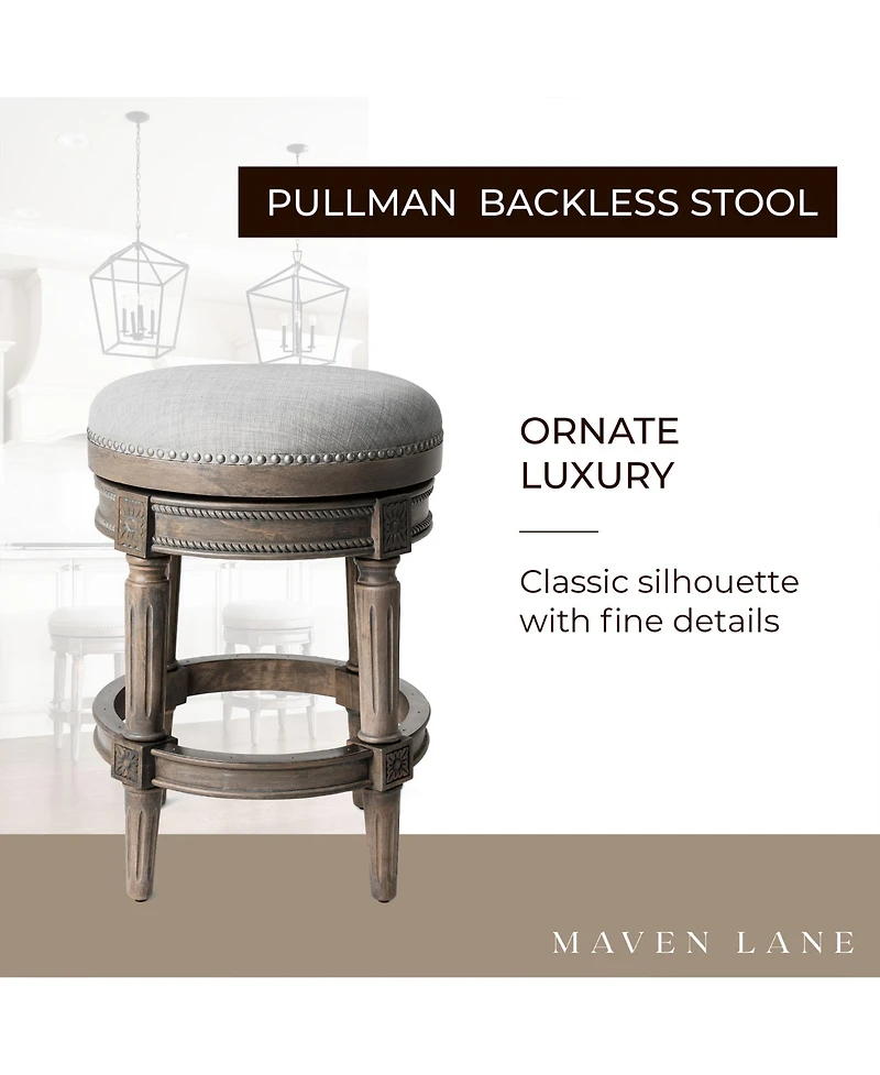 Maven Lane Pullman Backless Counter Stool in Reclaimed Oak Finish with Ash Grey Fabric Upholstery, Set of 3