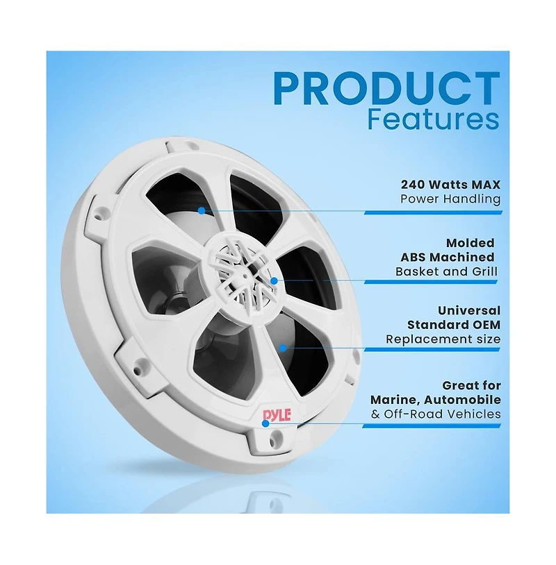 Pyle Two-Way Marine Component/Coaxial Speakers, 6.5", 240 Watts, White (Pair)