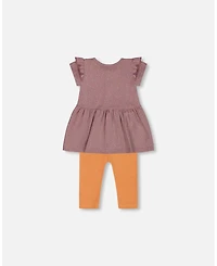 Deux par Baby Girls Printed Organic Cotton Dress And Solid Leggings Set Orange Purple