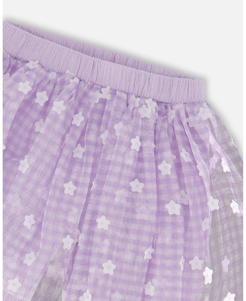 Deux par Deux Toddler Girls Crinkle Biker Short With Flower Mesh Skirt Lilac With White Flowers - Toddler|Child