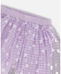 Deux par Deux Toddler Girls Crinkle Biker Short With Flower Mesh Skirt Lilac With White Flowers - Toddler|Child