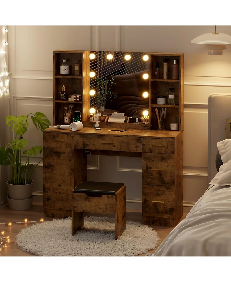 gaomon Led Lighted Vanity Desk With Mirror - Makeup Adjustable Brightness, Metal Drawers, And Open Shelves