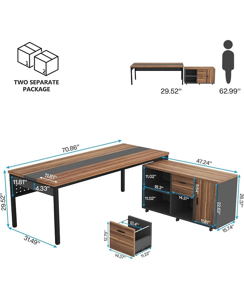 Tribesigns 70.8" Large Executive Office Desk and 47" Lateral File Cabinet Combo, L-Shaped Computer 2 Piece Business Furniture with Drawers Sh
