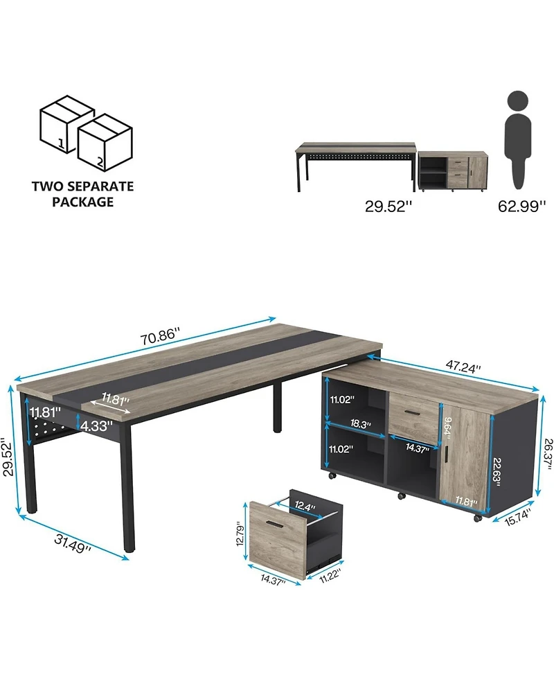 Tribesigns 70.8" Large Executive Office Desk and 47" Lateral File Cabinet Combo, L-Shaped Computer Desk 2 Piece Business Furniture with Drawers and Sh