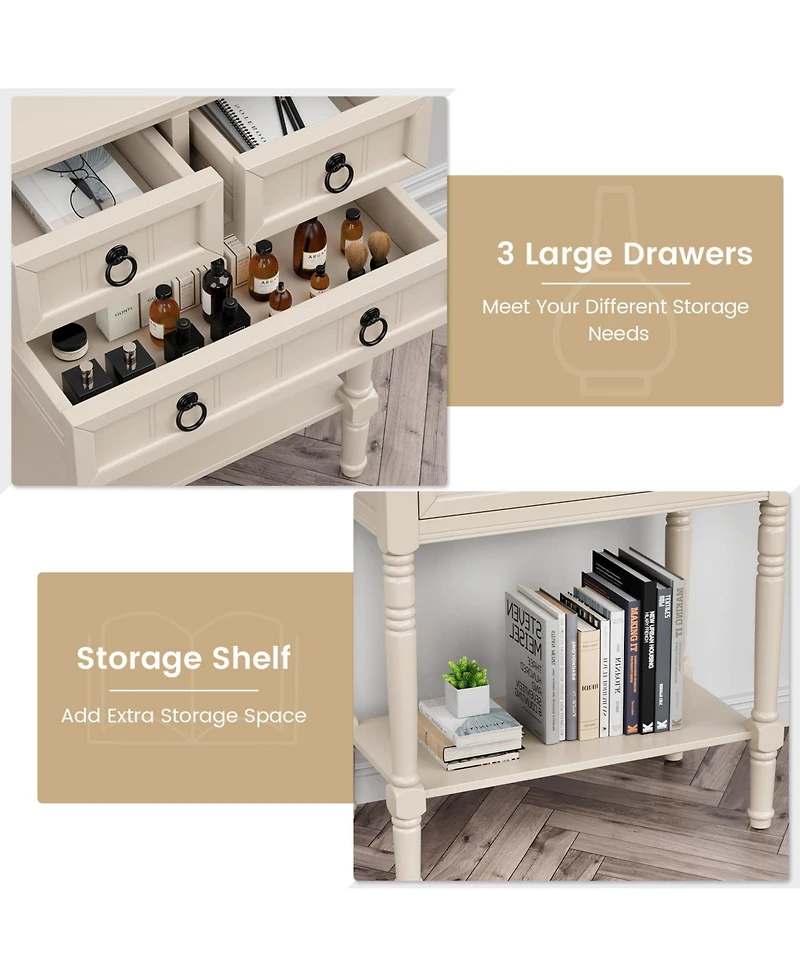 Gouun Narrow Console Table with 3 Storage Drawers and Open Bottom Shelf