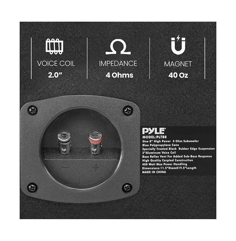 Pyle 8'' Amplified Car Subwoofer Enclosure, 400W, Carpeted