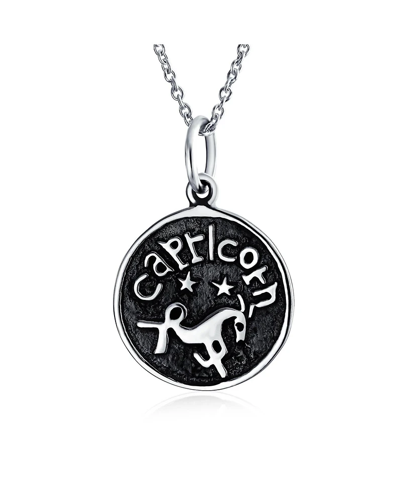 Bling Jewelry Capricorn Zodiac Sign Astrology Horoscope Round Medallion Pendant Necklace Antiqued Sterling Silver