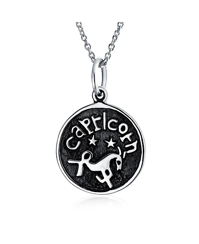 Bling Jewelry Capricorn Zodiac Sign Astrology Horoscope Round Medallion Pendant Necklace Antiqued Sterling Silver