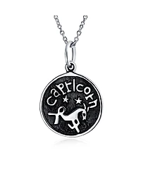 Bling Jewelry Capricorn Zodiac Sign Astrology Horoscope Round Medallion Pendant Necklace Antiqued Sterling Silver