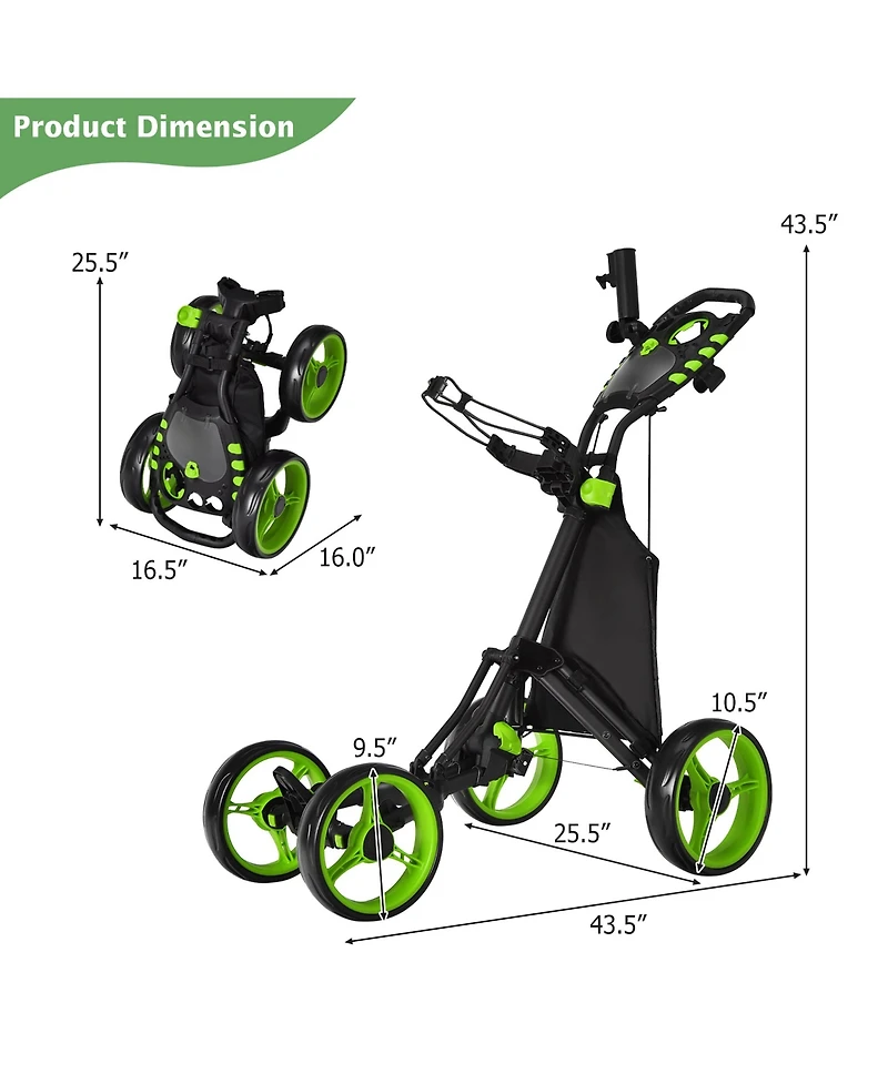 Gymax 4 Wheels Foldable Golf Push Pull Cart Trolley w/ Brake Waterproof Bag