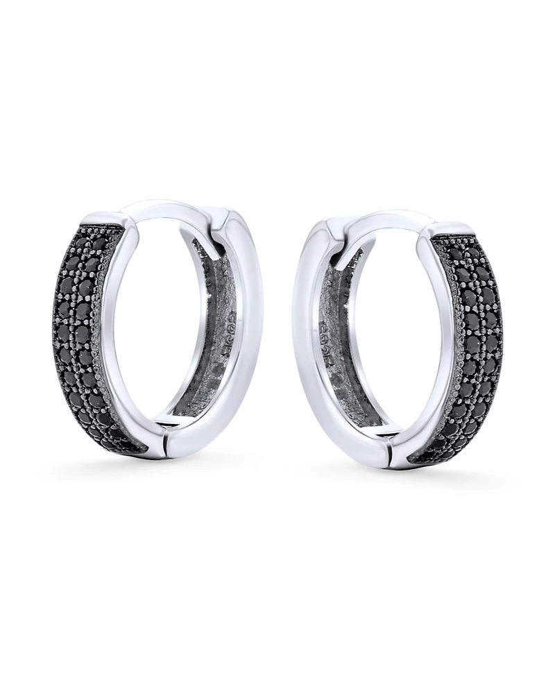 Bling Jewelry Black Pave Cz Cubic Zirconia Micro Pave 2 Row Huggie Hoop Earrings .925 Sterling Silver .30 inch Diameter