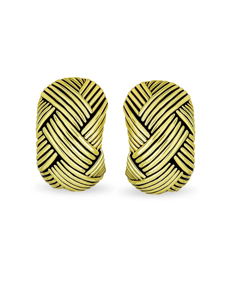 Bling Jewelry Half Hoop Shrimp Style Woven Braided Dome Basket Weave Clip On Earrings Button Style Non Pierced Ears Oxidized Gold Plated Brass