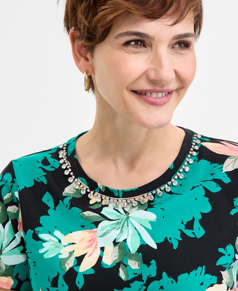 Jm Collection Women's Embellished Cotton Polished T-Shirt, Exclusively at Macys