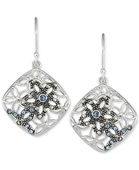 Marcasite & Crystal Flower Filigree Drop Earrings in Sterling Silver
