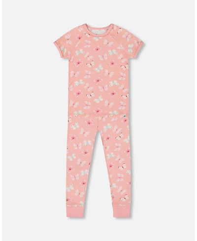 Girl Organic Cotton Short Sleeve Top And Pant Pajama Set Pink And Blue Butterflies On Old Pink - Toddler|Child
