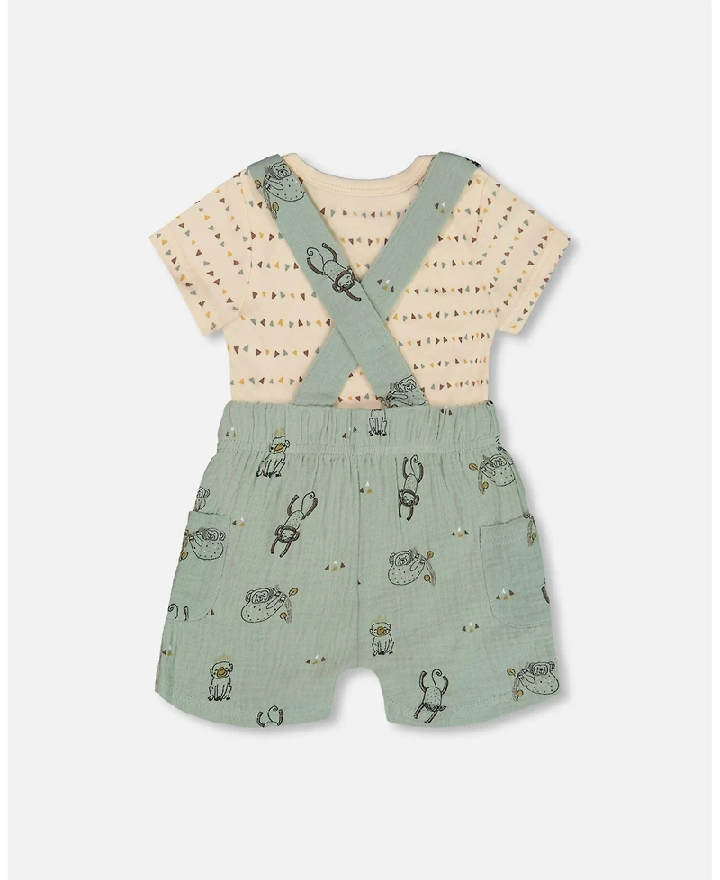 Deux par Deux Baby Boys Printed Muslin Shortall And Organic Cotton Onesie Set Sage Monkey And Off-White