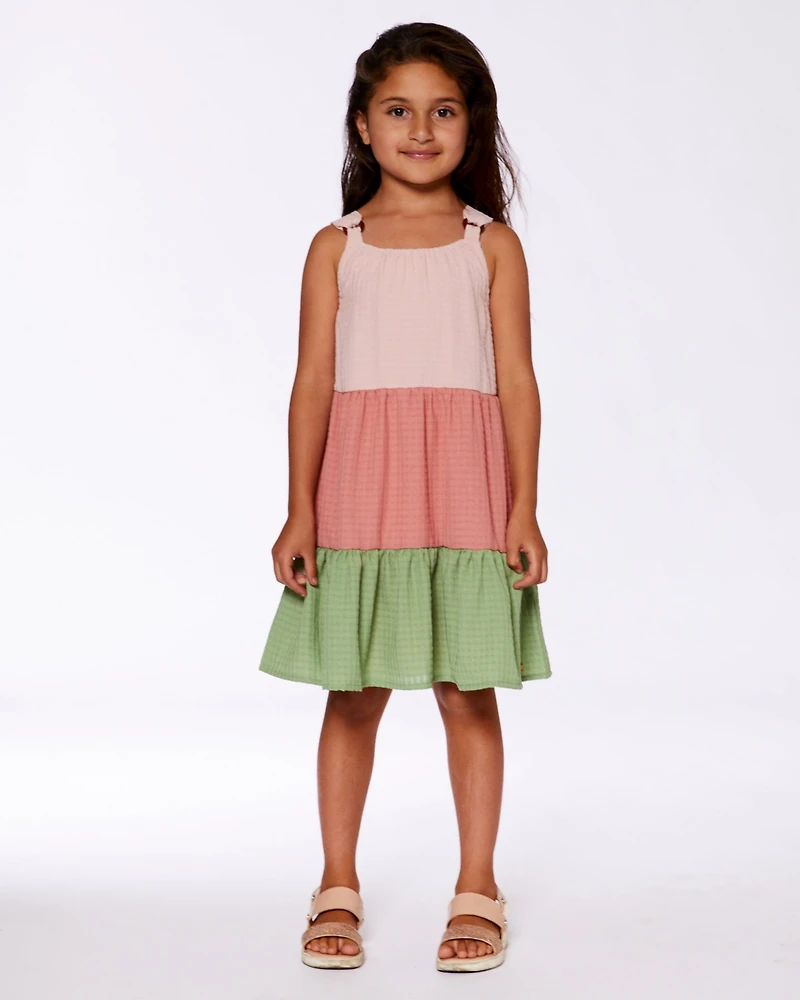 Deux par Deux Girl Tiered Color Block Peasant Dress Peach Pink And Green - Toddler|Child