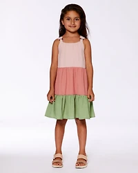 Deux par Deux Girl Tiered Color Block Peasant Dress Peach Pink And Green - Toddler|Child
