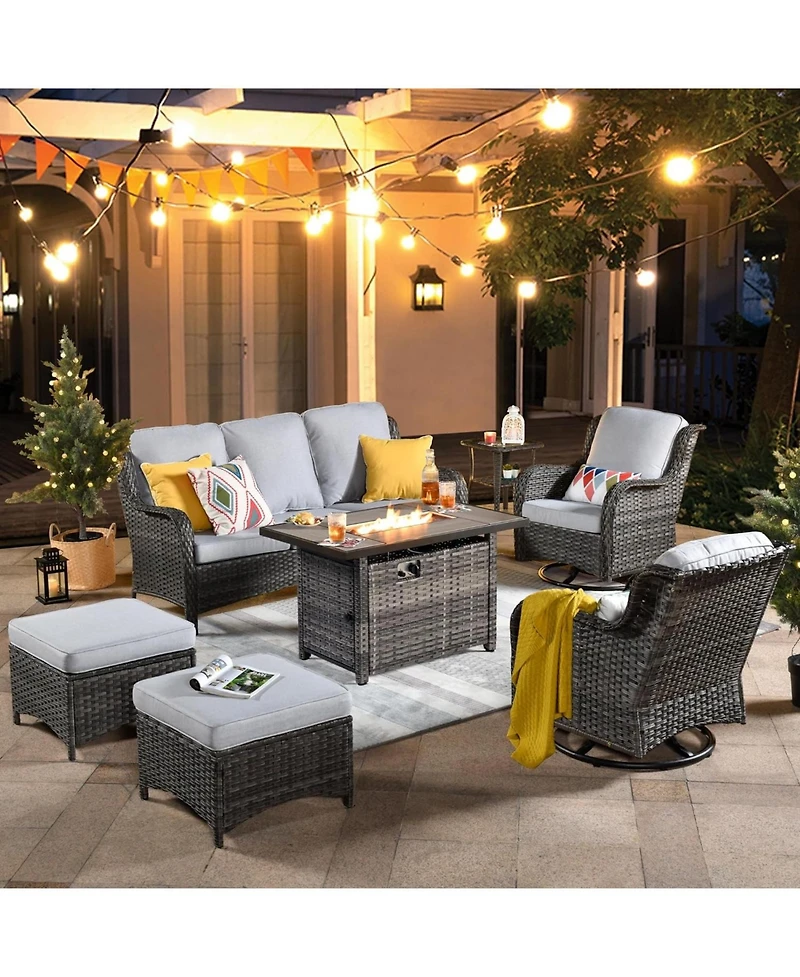Xizzi Outdoor Swivel Rocking Chairs Set, Patio Furniture Set with 50,000 Btu Rectangular Propane Fire Pit Table, 7 Pieces High Back Conversation Sofa