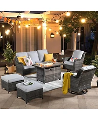 Xizzi Outdoor Swivel Rocking Chairs Set, Patio Furniture Set with 50,000 Btu Rectangular Propane Fire Pit Table, 7 Pieces High Back Conversation Sofa