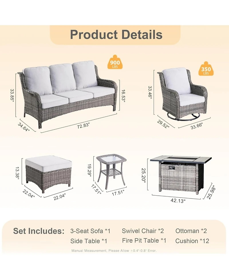 Xizzi Outdoor Swivel Rocking Chairs Set, Patio Furniture Set with 50,000 Btu Rectangular Propane Fire Pit Table, 7 Pieces High Back Conversation Sofa
