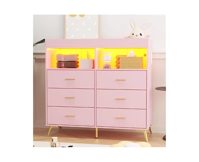 gaomon Dresser for Bedroom with 6 Drawers, Baby Changing Table Dresser with Changing Pad, Led Lights & Charging Station