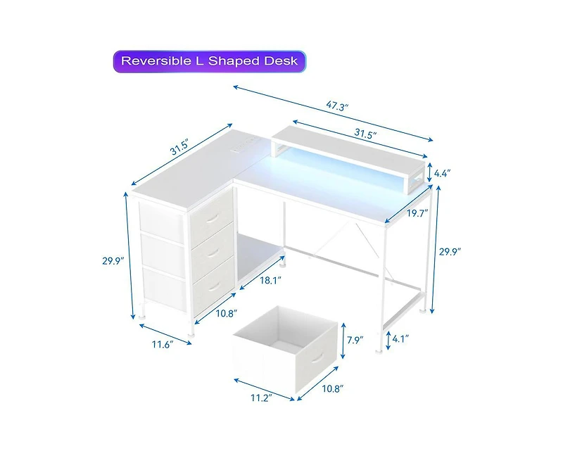 gaomon L Shaped Desk with Power Outlets & Led Lights, Computer Desk with Drawers & Shelves