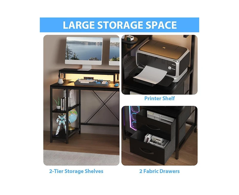 gaomon Computer Desk 63" with File Drawer, Gaming Desk with Led Light & Power Outlets, Home Office Desk with Printer Space
