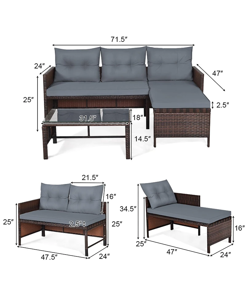 Gymax 3PCS Outdoor Rattan Furniture Set Patio Couch Sofa Set w/ Cushion